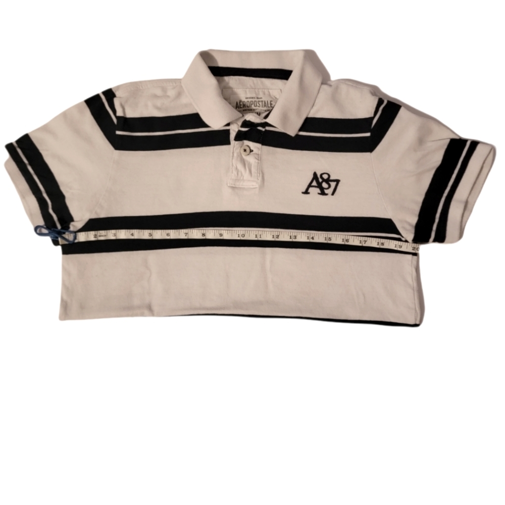 Mens Aeropostale size Medium navy blue strip white polo shirt AEO - Picture 4 of 5